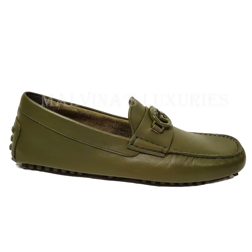GUCCI SHOES MENS LOAFERS MOCCASINS G LOGO GREEN LEATHER sz 9G 9.5